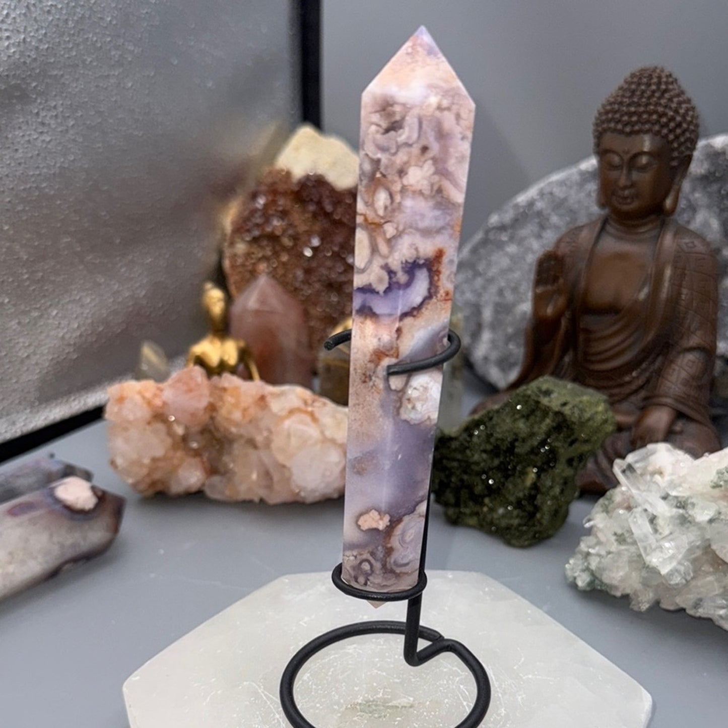 Flower Agate Double Terminated Wand – Blue & Peach Tones