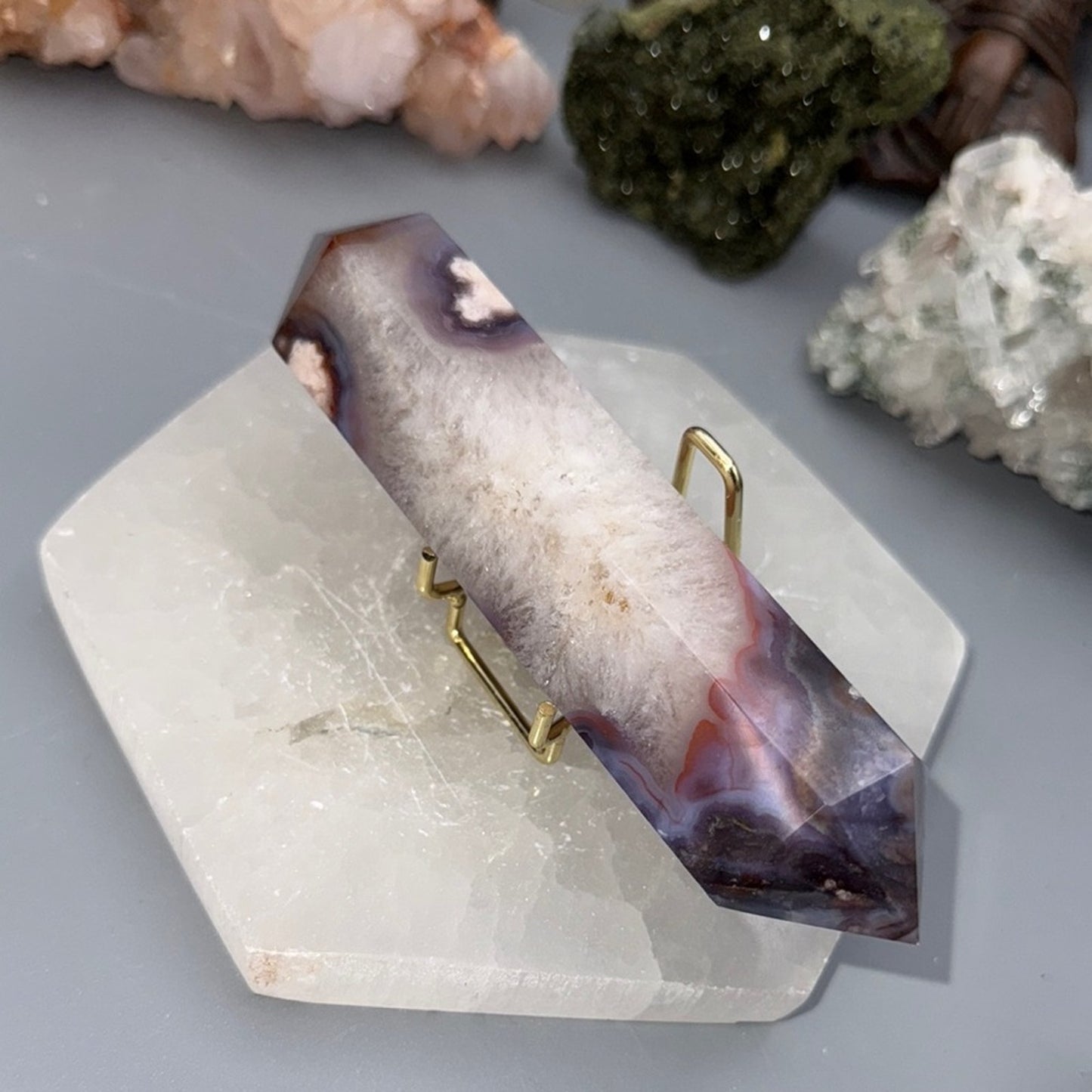 Flower Agate Double Terminated Wand – Blue & Peach Tones