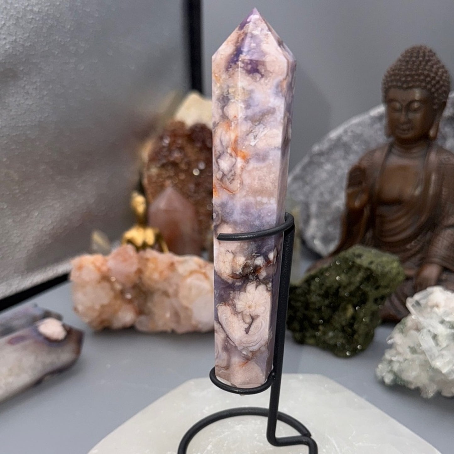 Flower Agate Double Terminated Wand – Blue & Peach Tones