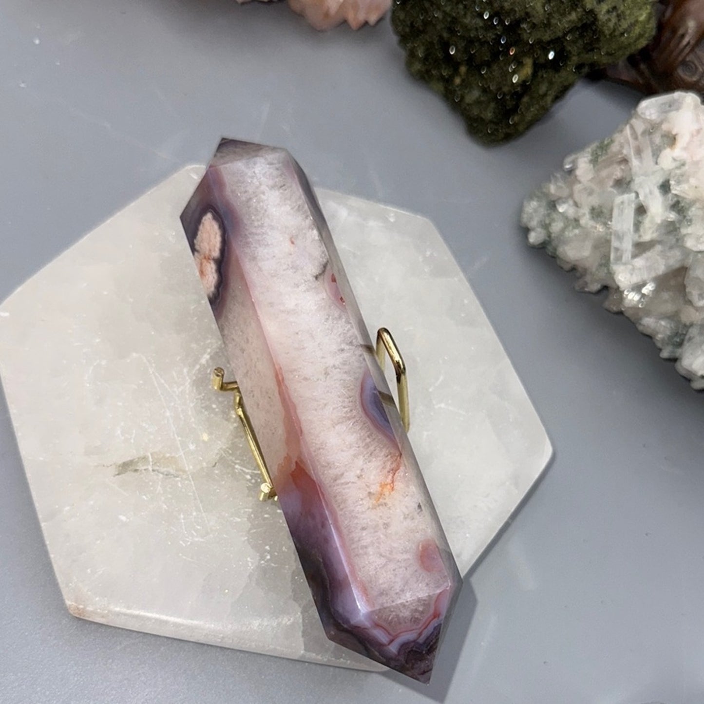 Flower Agate Double Terminated Wand – Blue & Peach Tones