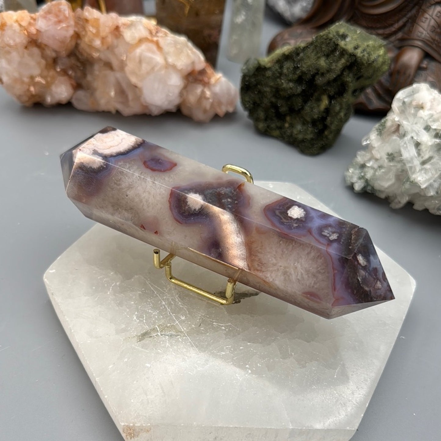 Flower Agate Double Terminated Wand – Blue & Peach Tones