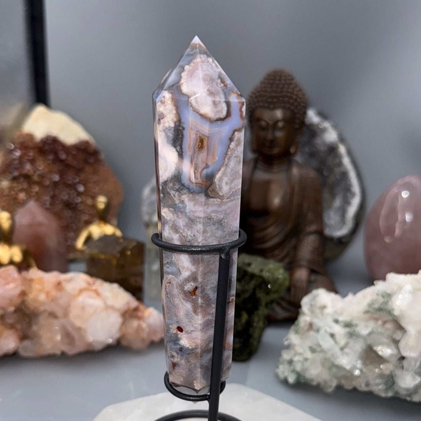 Flower Agate Double Terminated Wand – Blue & Peach Tones