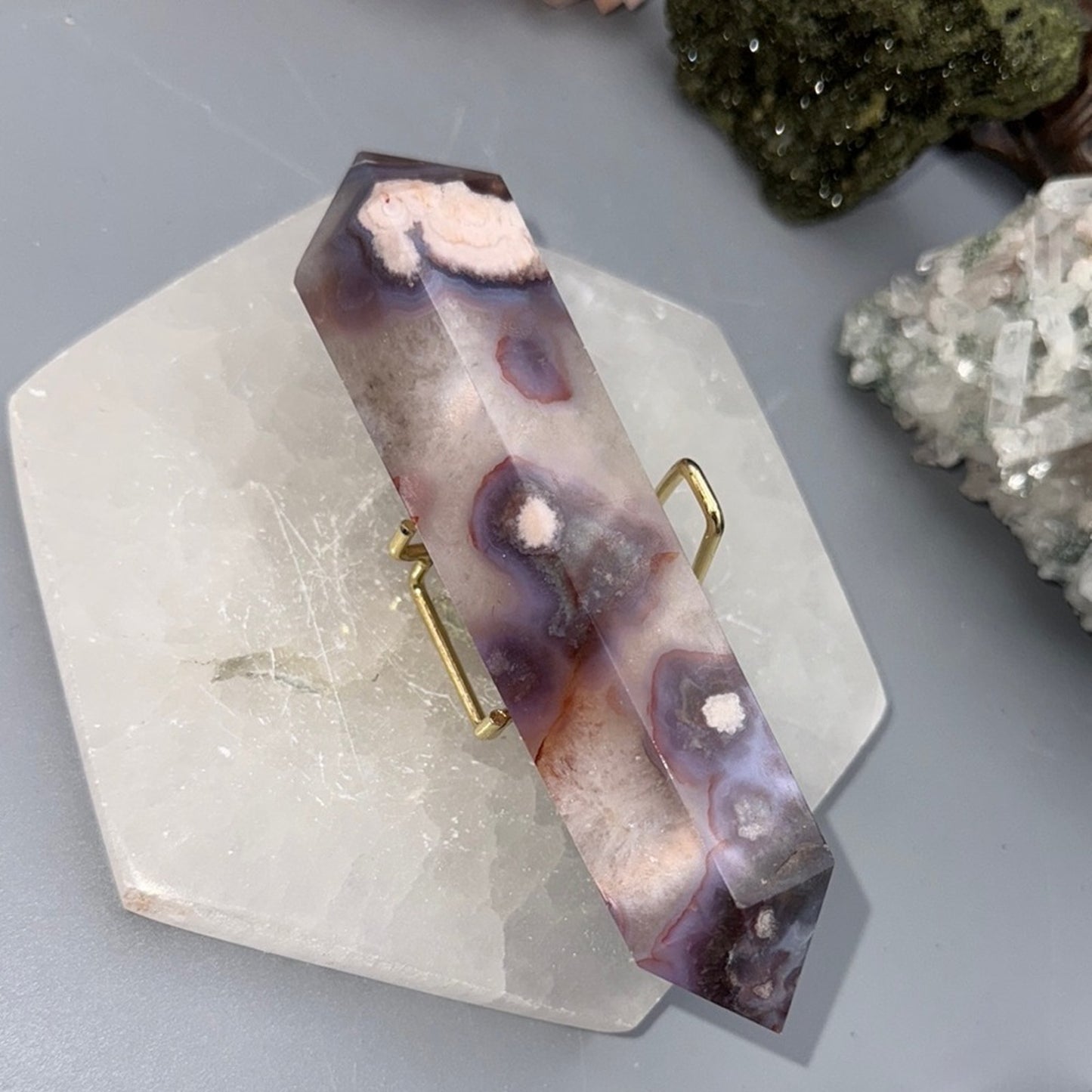 Flower Agate Double Terminated Wand – Blue & Peach Tones