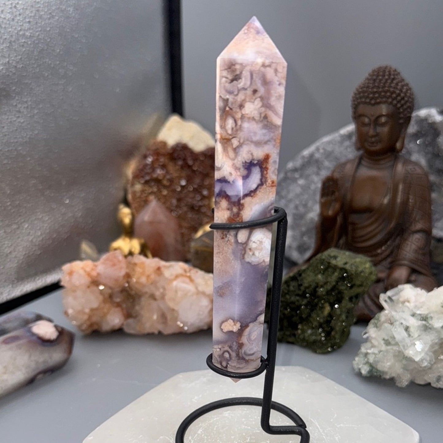 Flower Agate Double Terminated Wand – Blue & Peach Tones