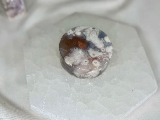 Flower Agate Disk- Misfit- Does have chip see all photos!