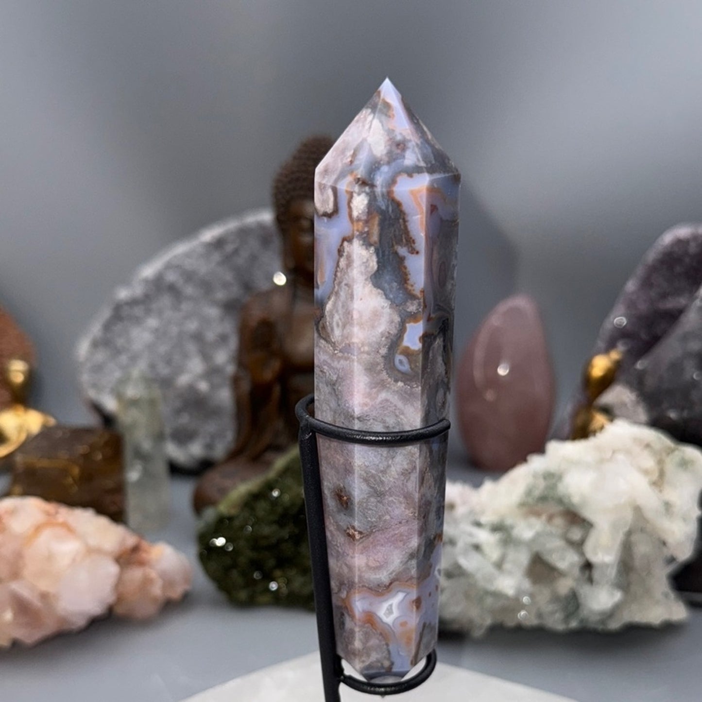 Flower Agate Double Terminated Wand – Blue & Peach Tones