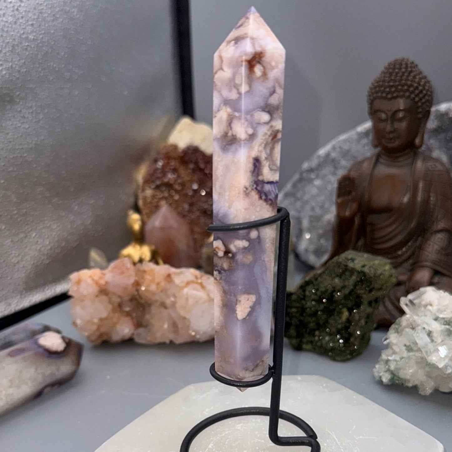 Flower Agate Double Terminated Wand – Blue & Peach Tones