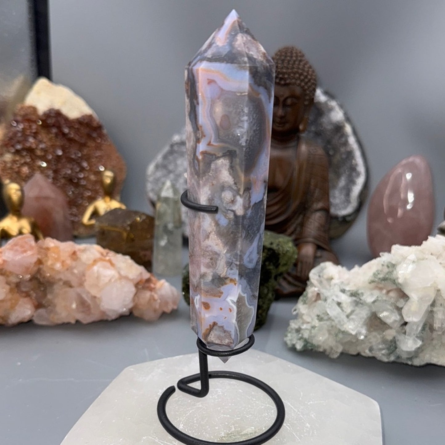 Flower Agate Double Terminated Wand – Blue & Peach Tones