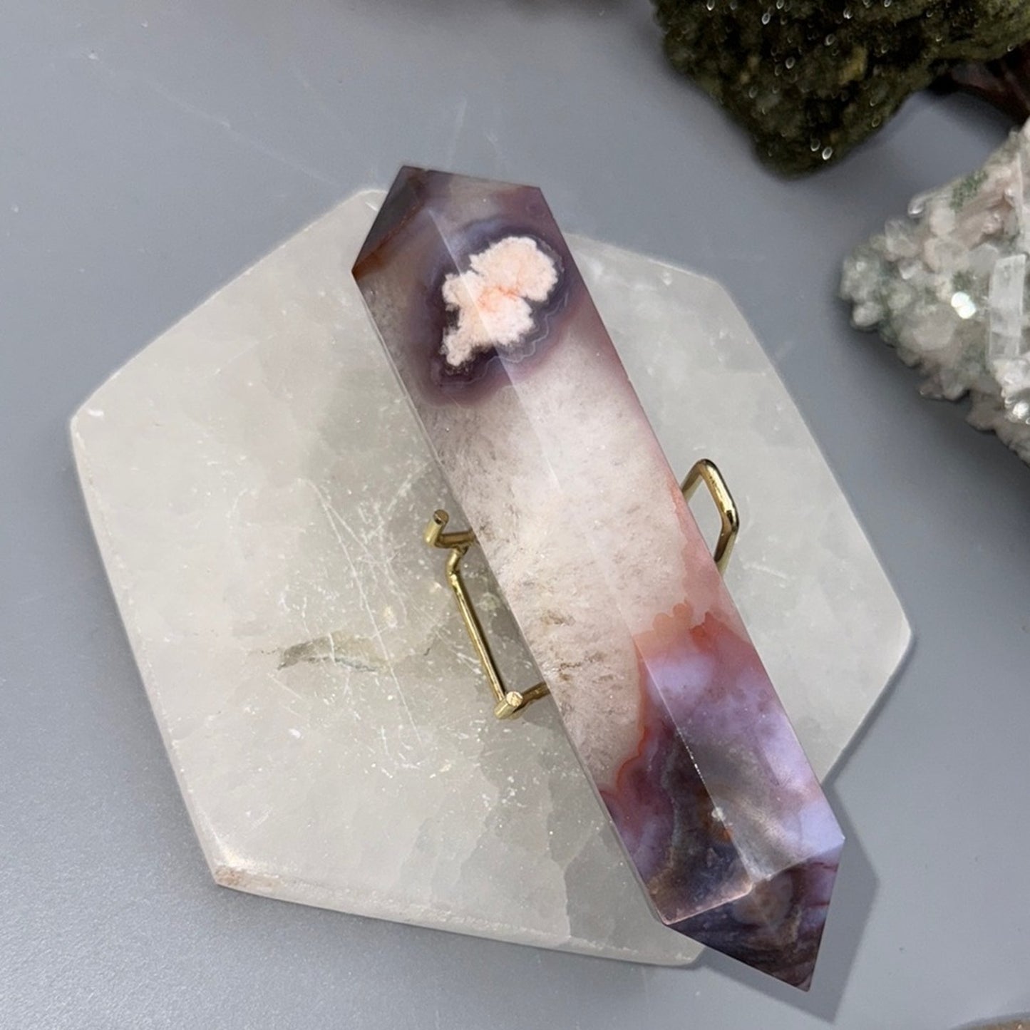 Flower Agate Double Terminated Wand – Blue & Peach Tones