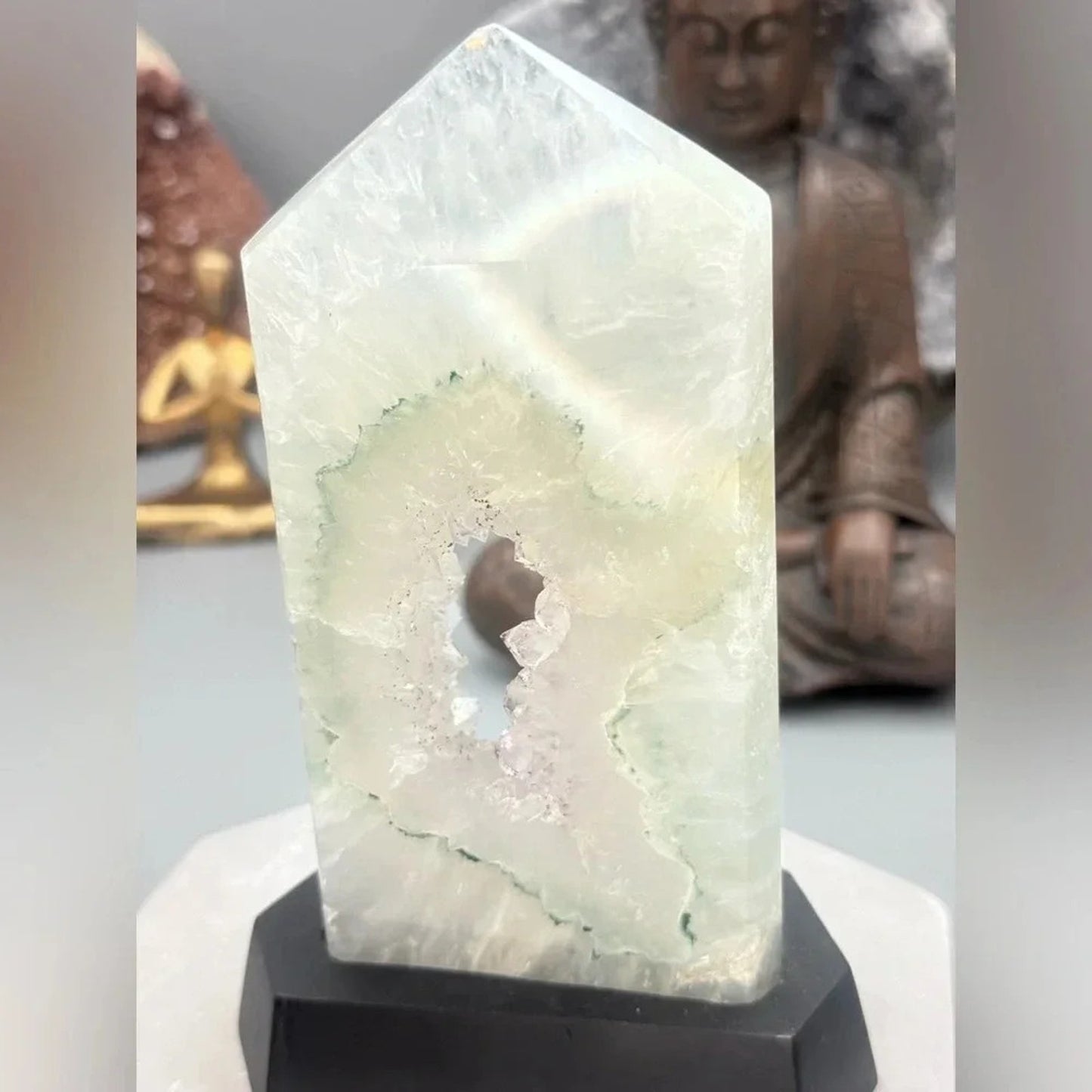 Druzy Quartz with Prasiolite and Anatase Inclusions Tower with Stand