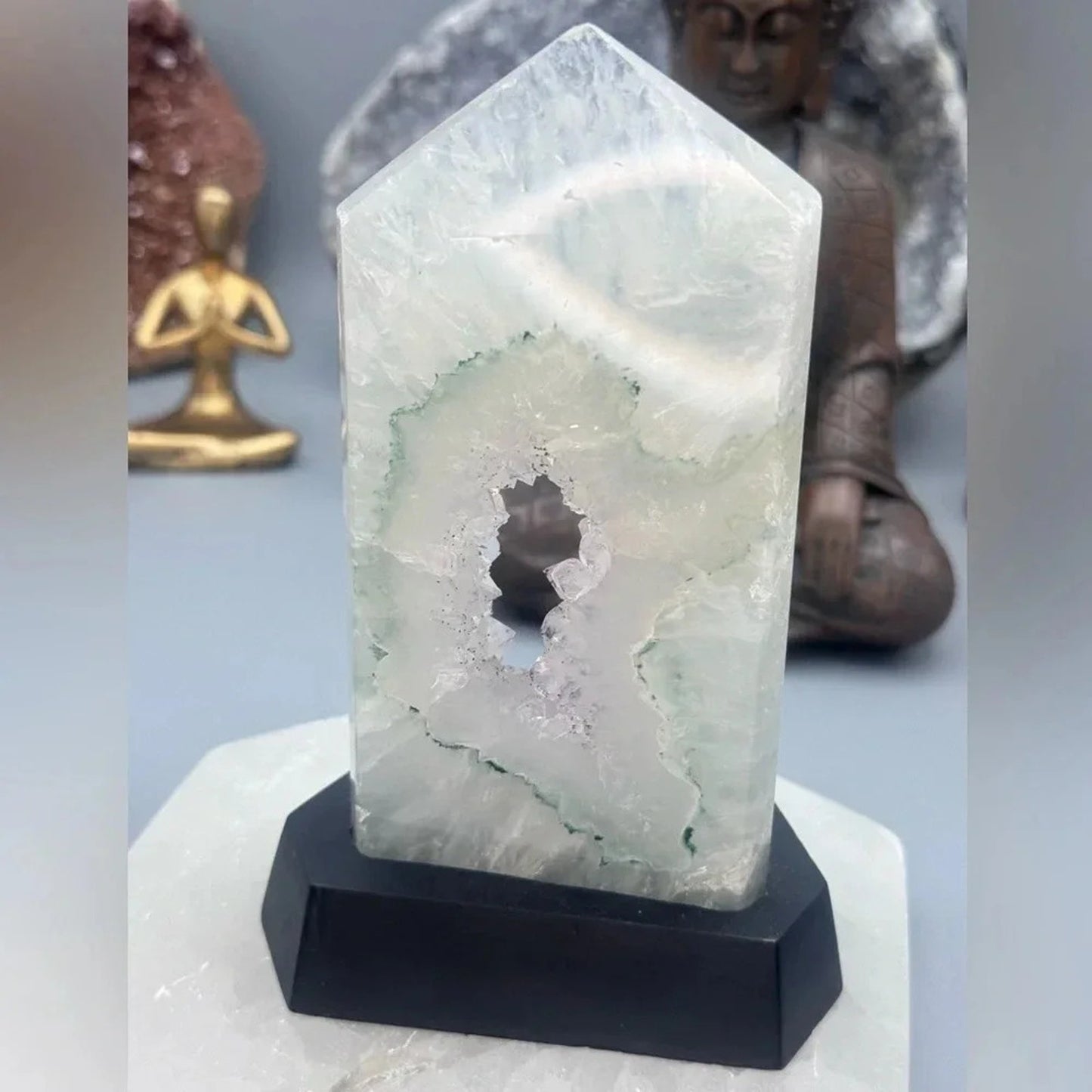 Druzy Quartz with Prasiolite and Anatase Inclusions Tower with Stand