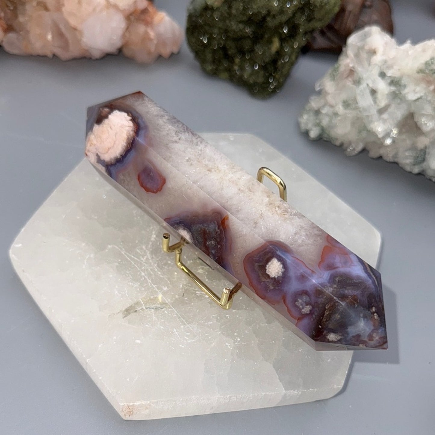 Flower Agate Double Terminated Wand – Blue & Peach Tones